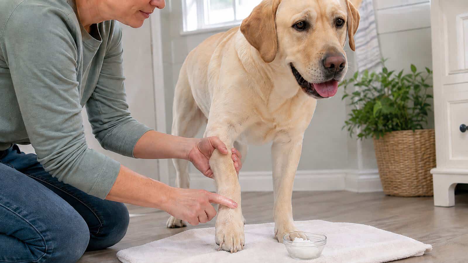 Owner applying a thin layer of coconut oil to a Labrador's front paw