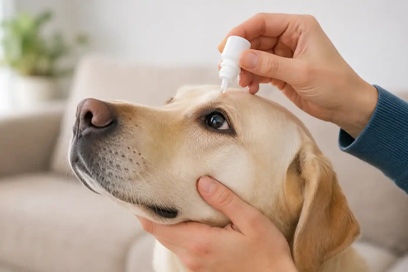 Owner holding veterinarian-approved eye drops above a Labrador's eye without touching the bottle tip