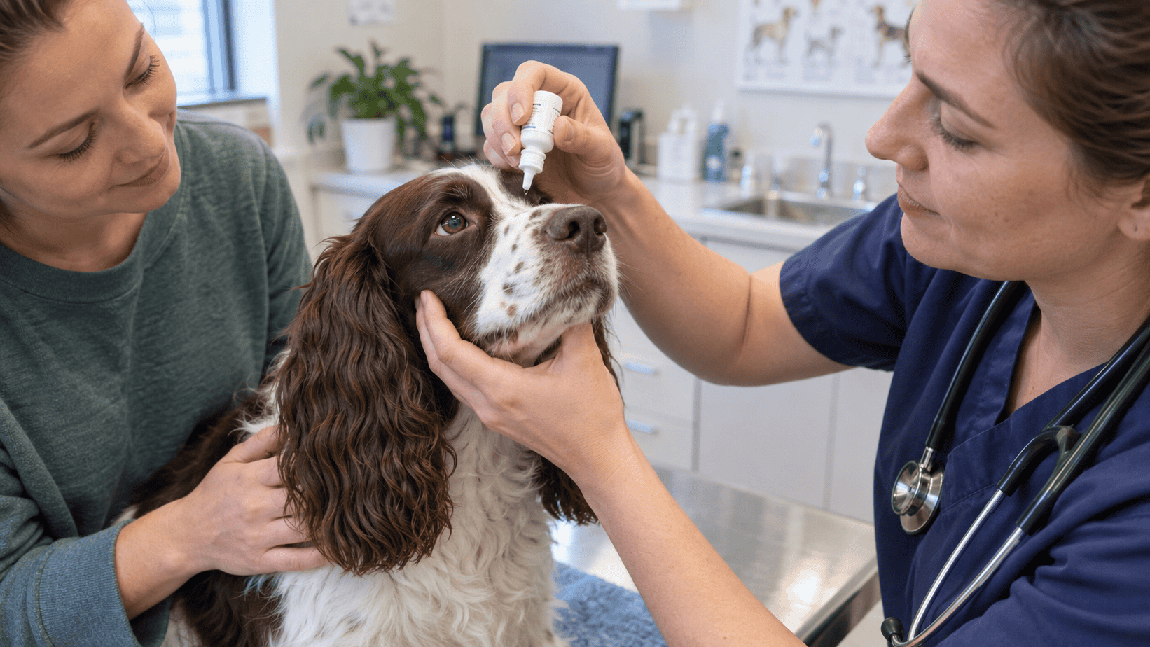 Veterinary professional safely gives prescribed eye drops to a calm spaniel without touching the bottle tip to the eye