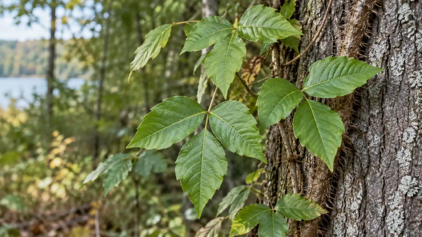Poison ivy vine with clusters of three leaflets growing on a tree trunk