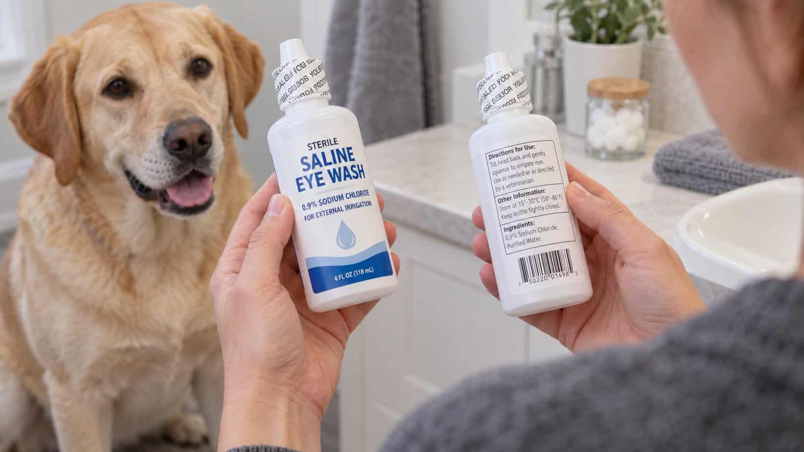 Dog owner checking the front and back labels on a sterile saline eye wash bottle.