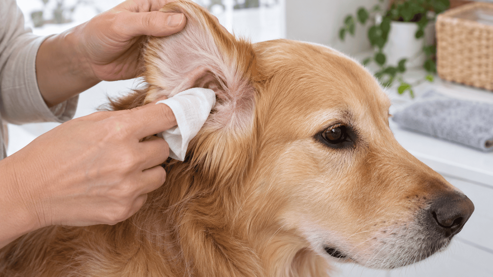 A dog owner safely cleaning only the visible inner ear flap with a soft ear wipe
