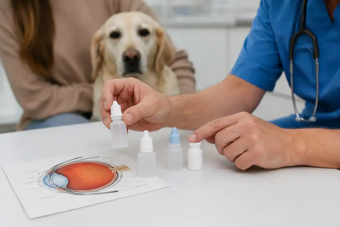 Veterinarian comparing several types of eye drops for a dog