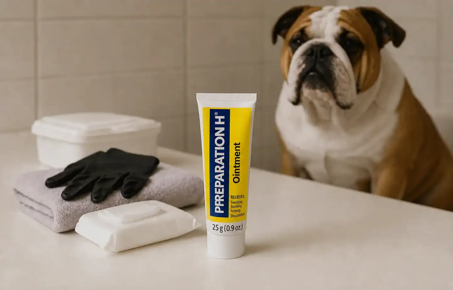 Preparation H ointment tube beside dog-care supplies with an English bulldog in the background