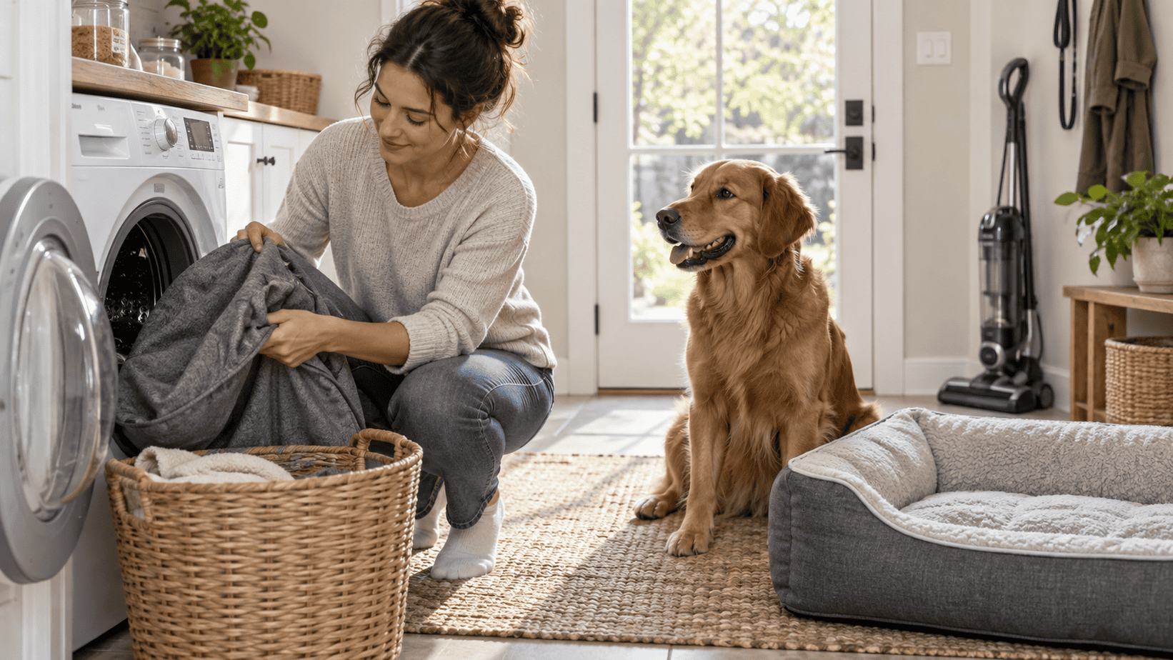 Person washing a removable dog-bed cover while a dog waits near a clean bed.