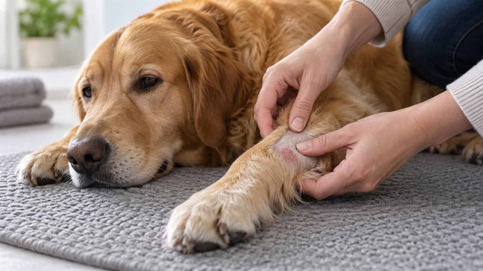 Owner parts a dog's fur to inspect a small patch of irritated skin on the lower leg