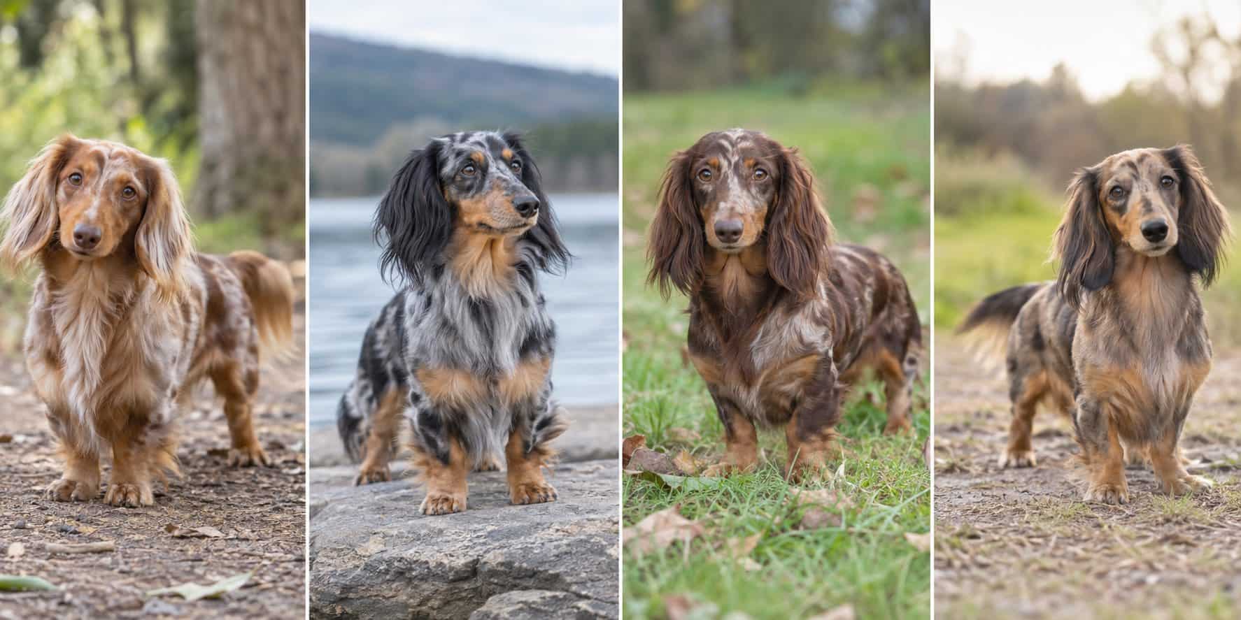 Four long-haired dapple Dachshunds showing different coat colors and patterns