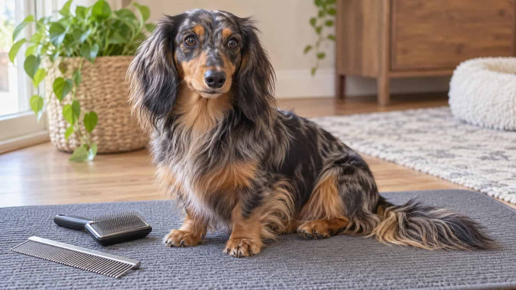 Long-haired dapple Dachshund sitting beside a brush and metal comb