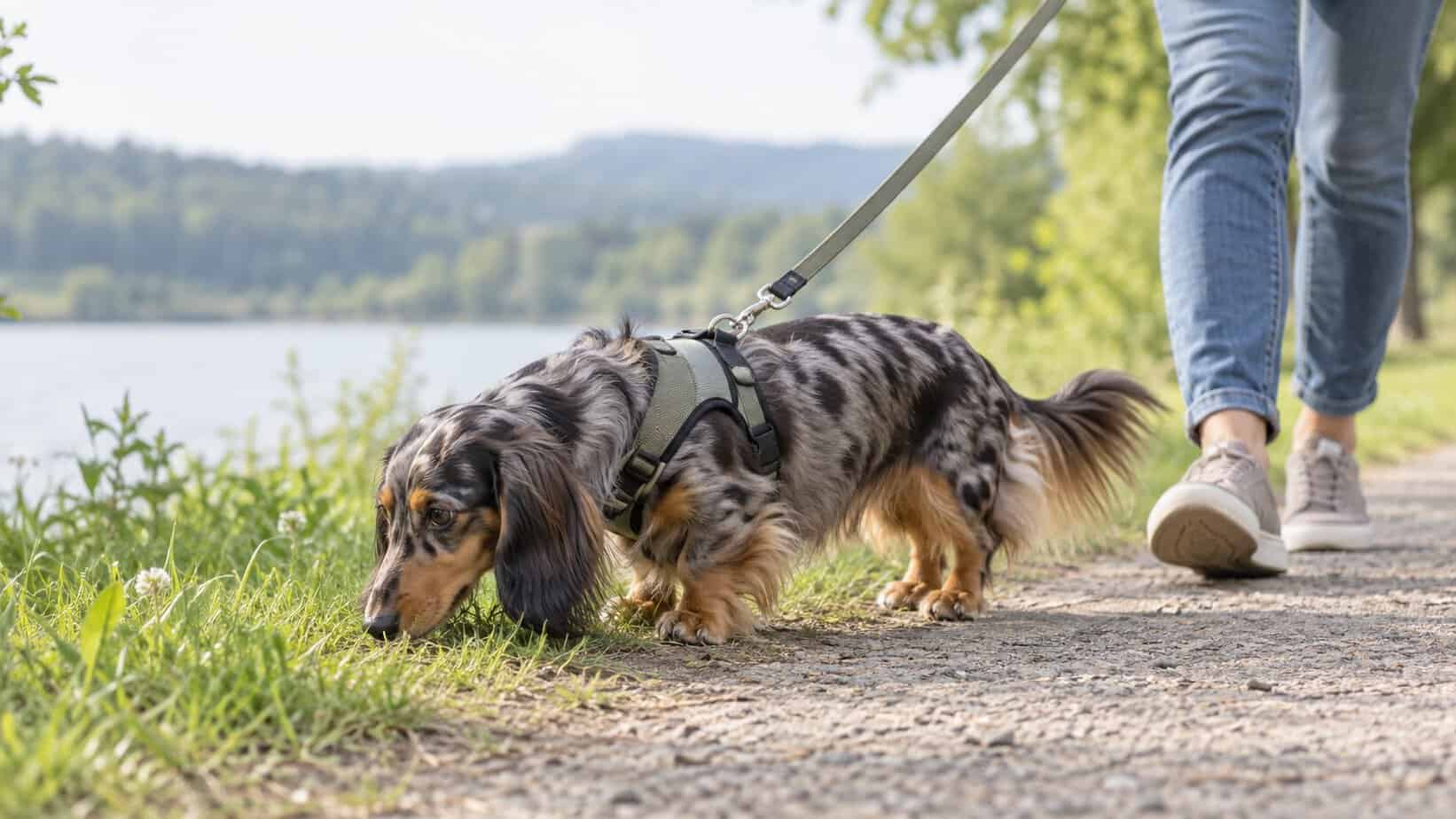 Long-haired dapple Dachshund sniffing grass on a harness walk beside a lake