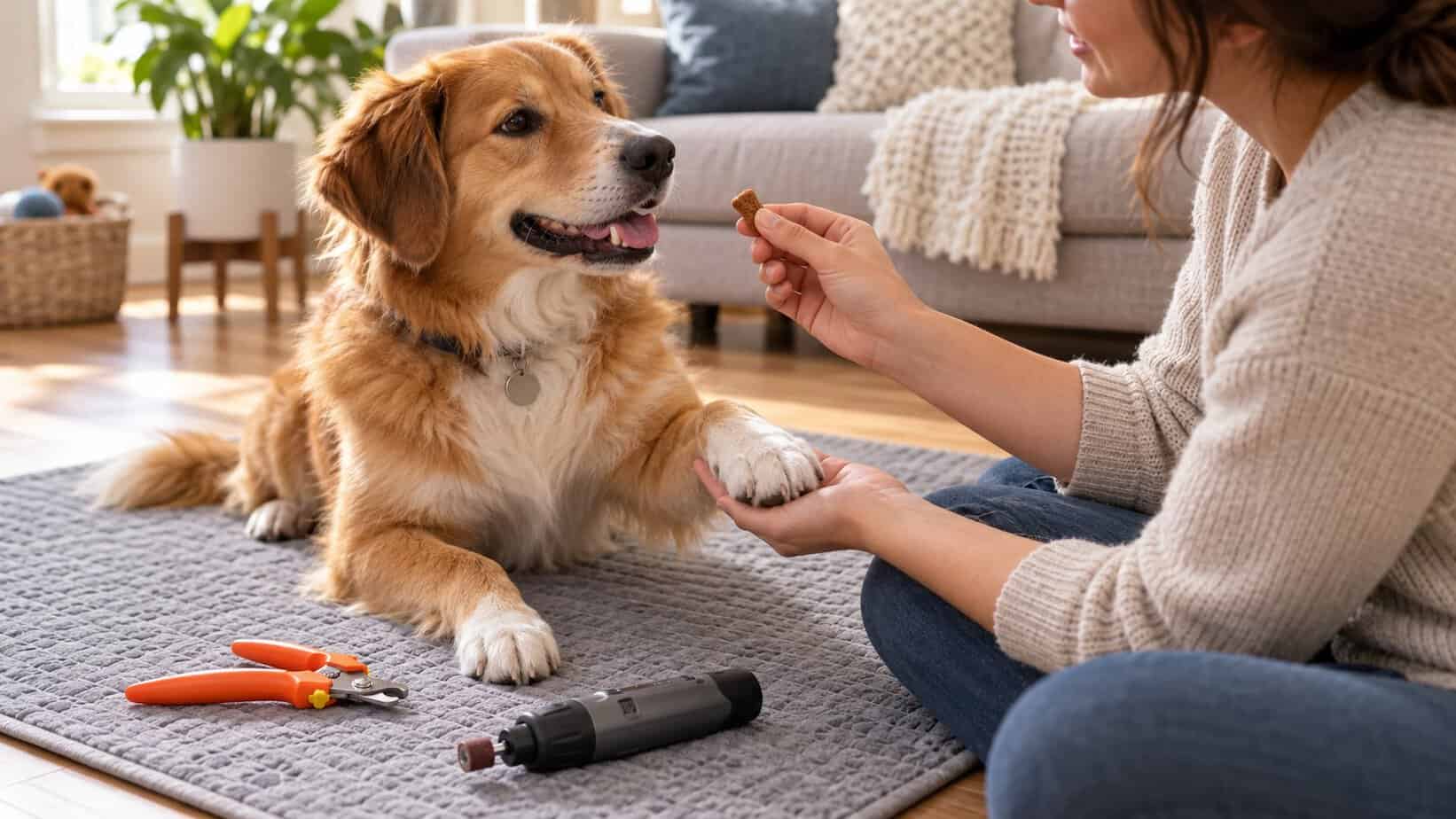 Dog offering a paw for a treat during low-stress nail trim training