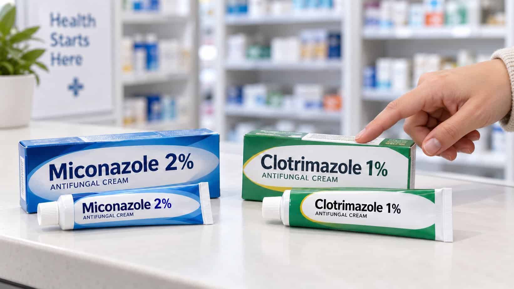 Miconazole 2% and clotrimazole 1% antifungal cream packages on a pharmacy counter