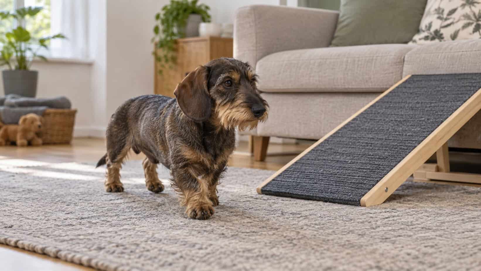 Miniature wirehaired Dachshund on a nonslip rug beside a stable ramp to a low sofa
