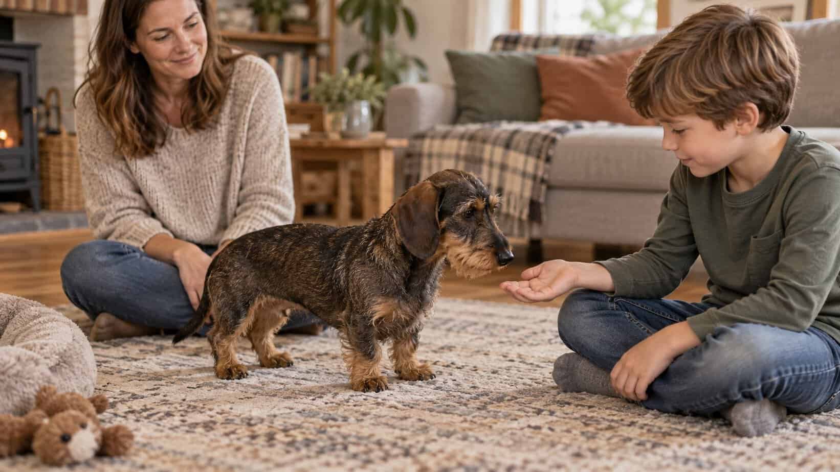 Child gently greeting a miniature wirehaired Dachshund while an adult supervises