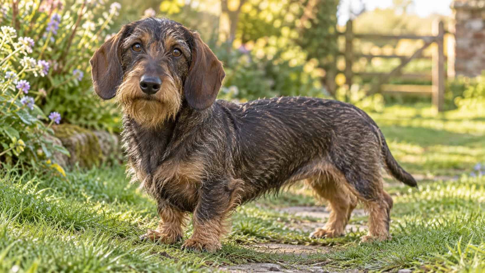 Adult miniature wirehaired Dachshund standing on a grassy garden path