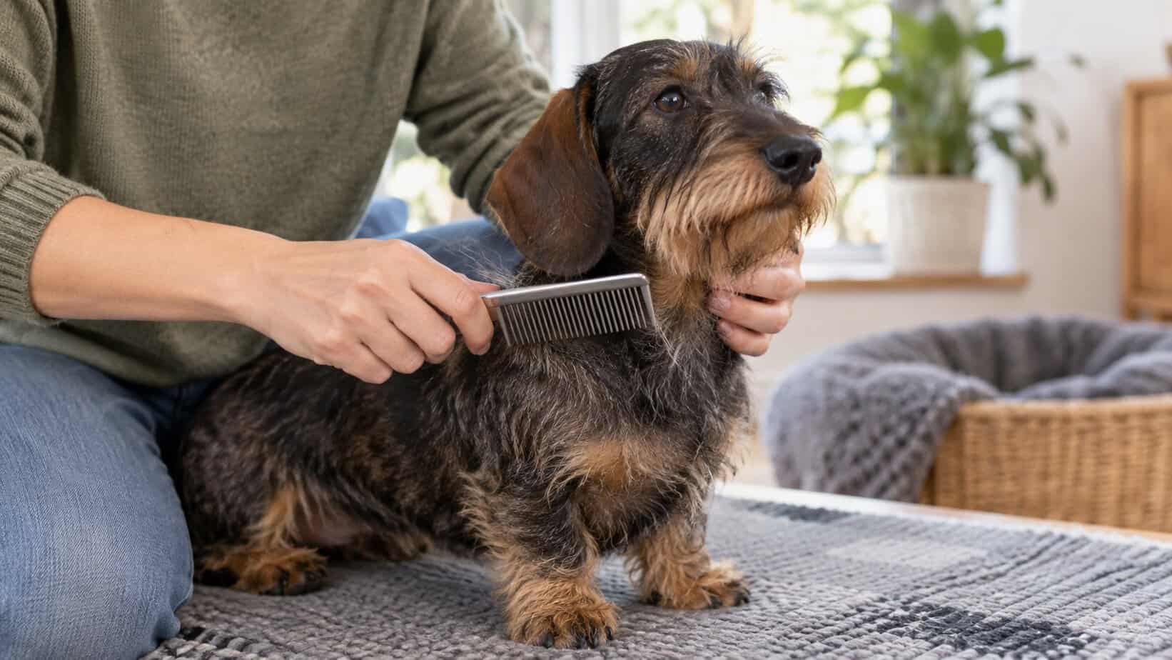 Adult gently combing a miniature wirehaired Dachshund's wiry coat and beard