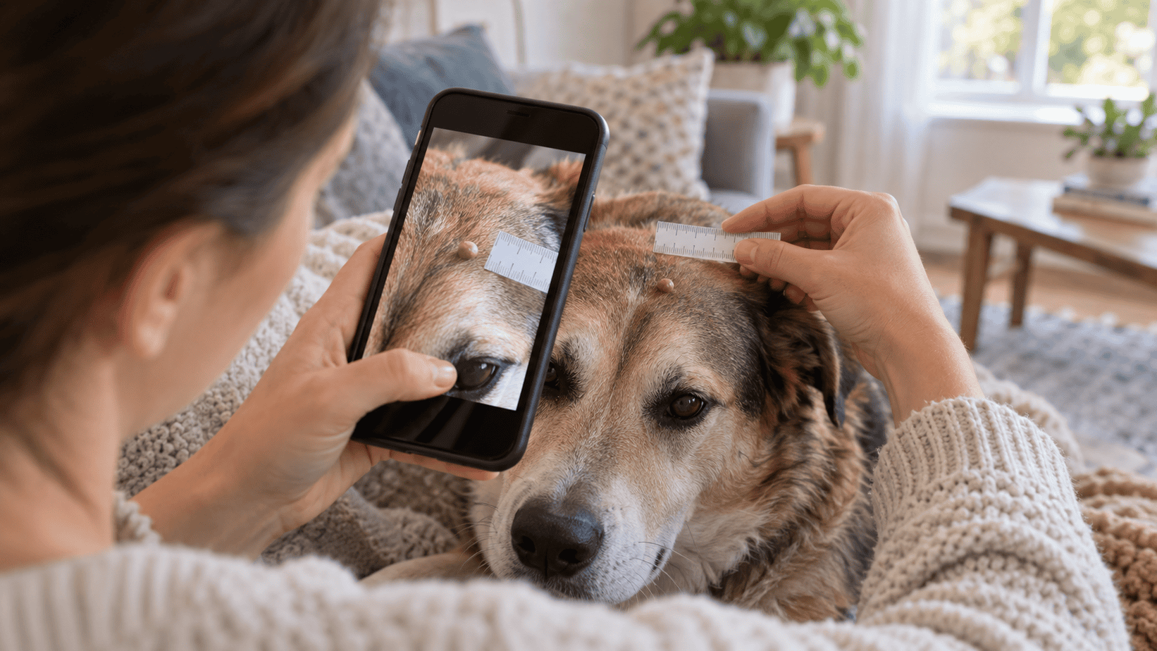 Owner photographing and measuring a small wart-like growth on a dog's head