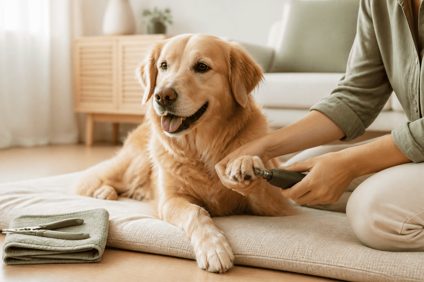 Relaxed dog having its nails gently filed with a dog nail grinder at home