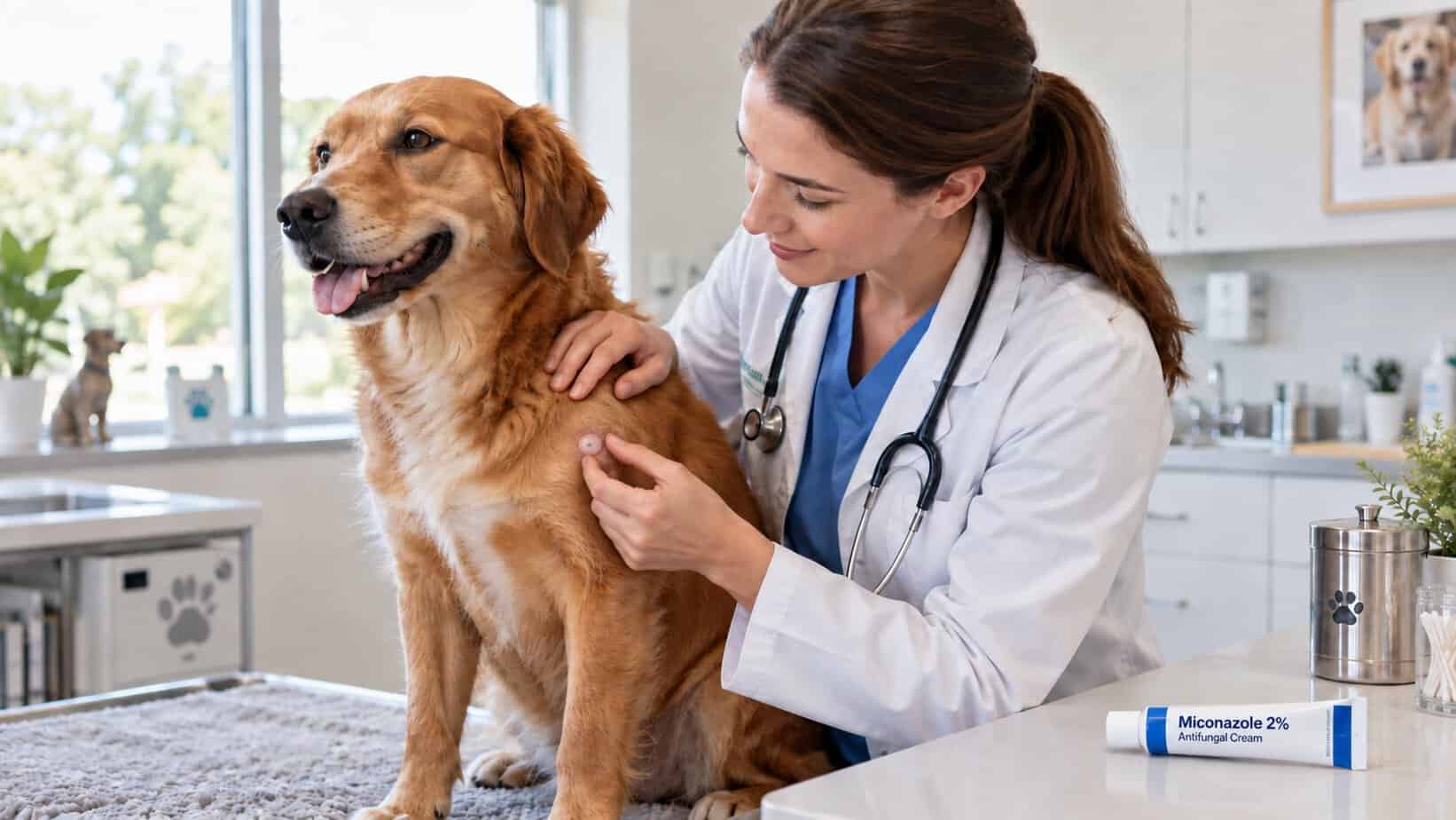 Veterinarian examining a small skin spot on a dog's shoulder beside miconazole cream