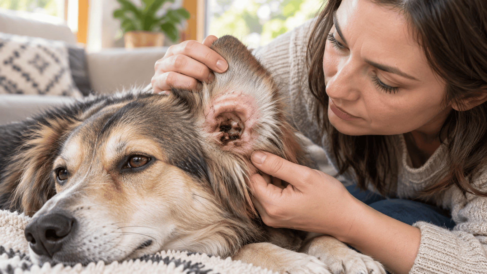 Owner gently examining visible wax buildup in a dog's outer ear