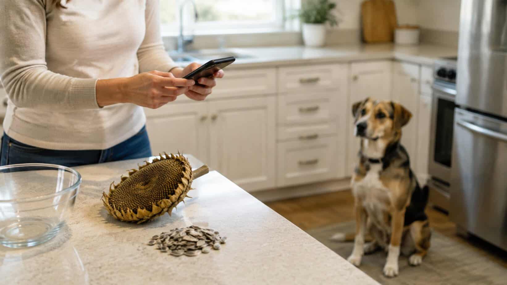 Dog owner documenting a sunflower seed head and shells while the dog waits safely nearby