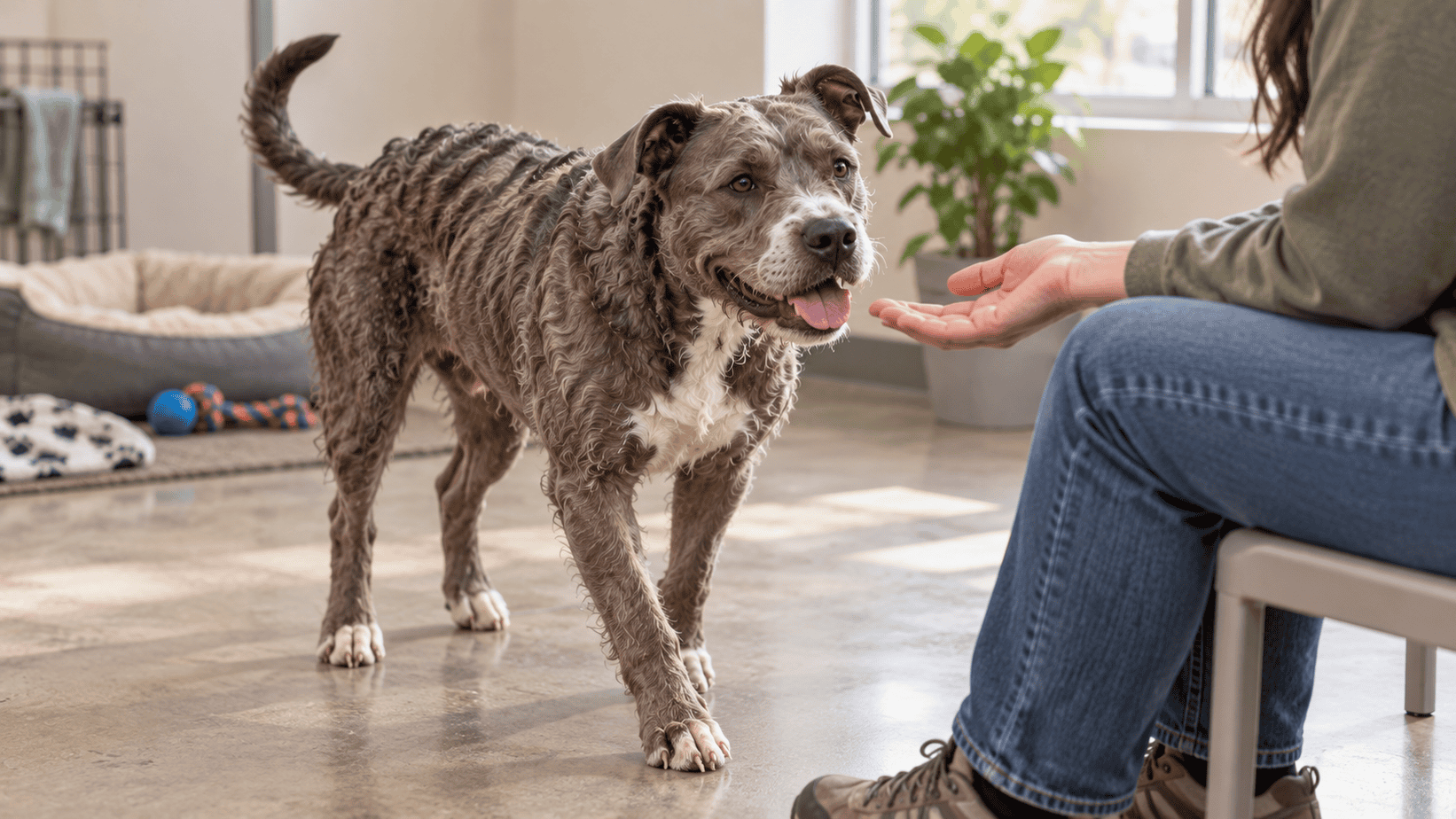 Scruffy gray dog calmly approaching a seated person indoors