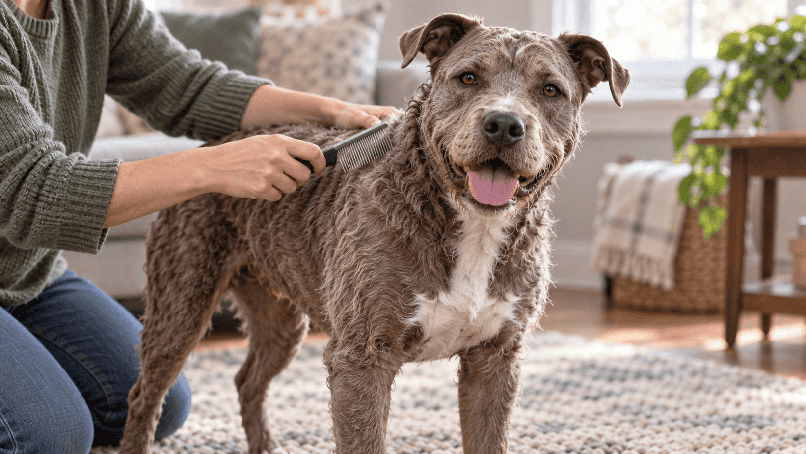 Person gently combing the coat of a relaxed scruffy gray dog
