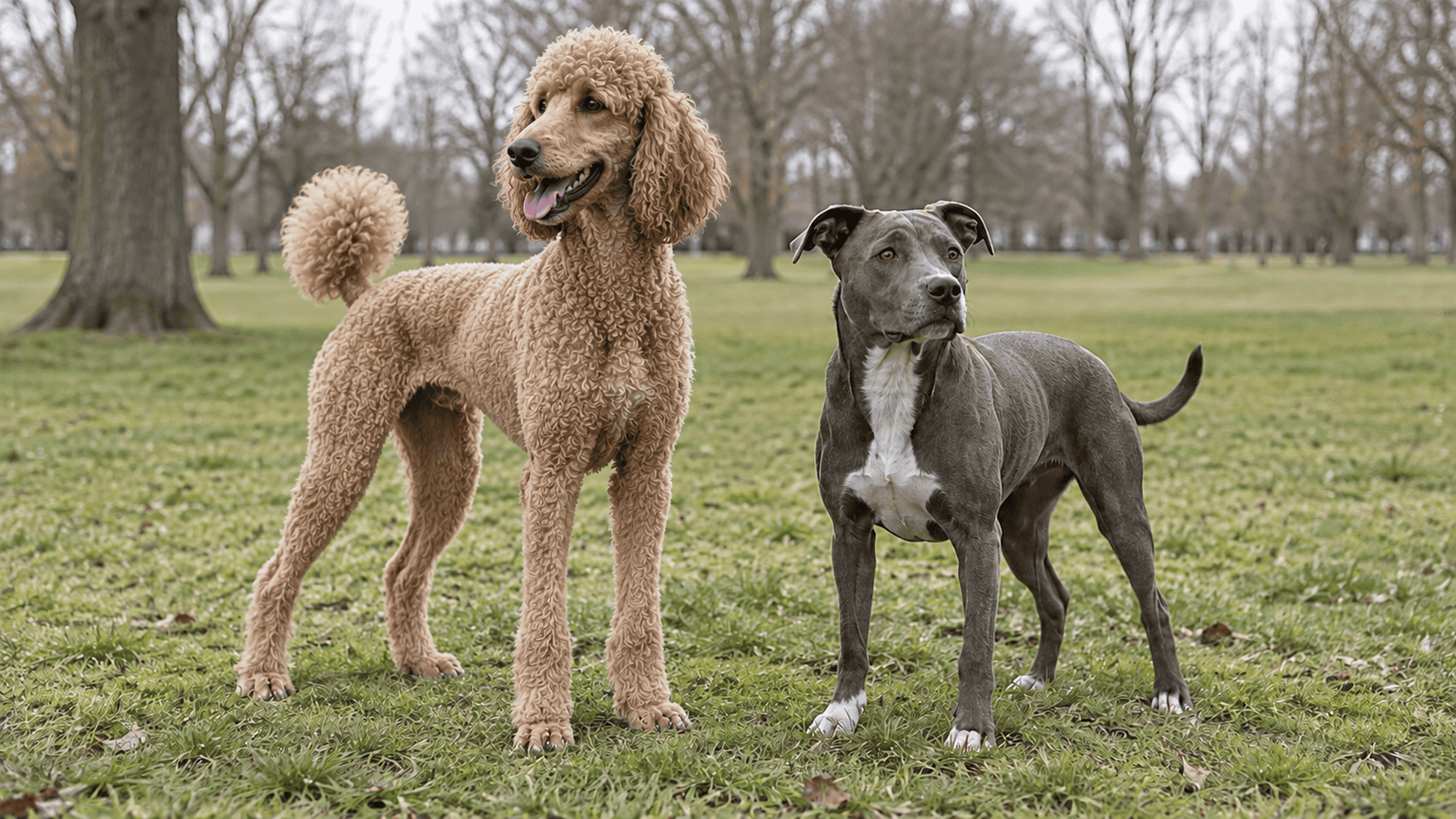 Apricot Standard Poodle standing beside a gray pit bull-type dog in a park