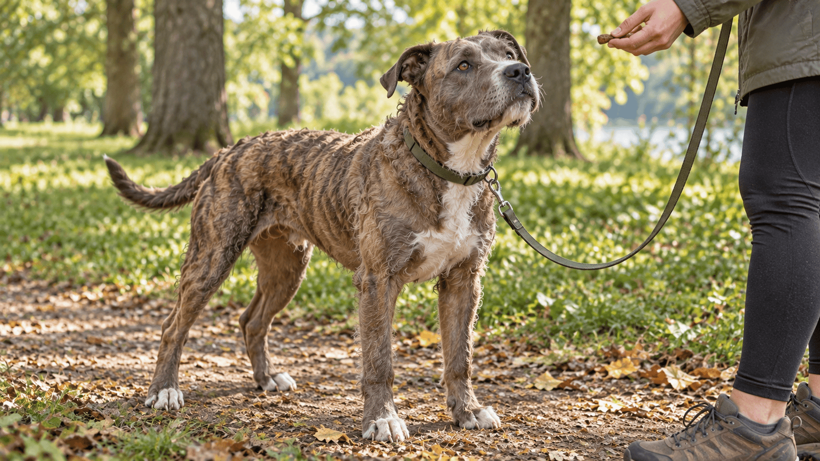 Scruffy gray dog watching a handler offer a treat during loose-leash training