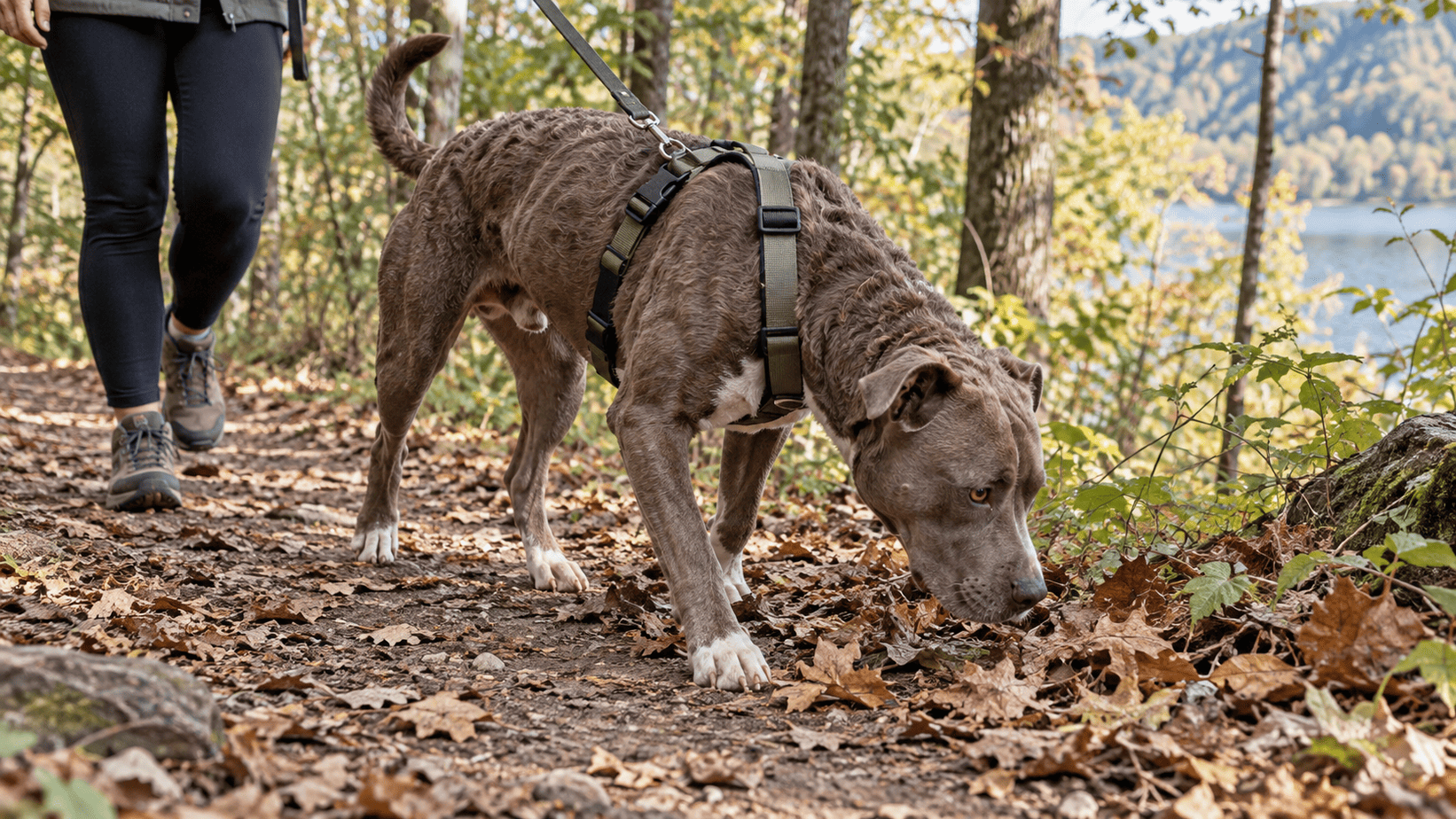 Scruffy gray dog sniffing a wooded trail while wearing a harness on a loose leash