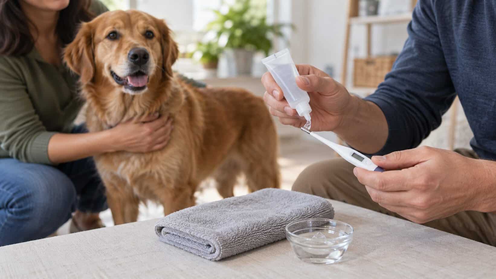 Dog owners preparing a digital thermometer and lubricant for a safe temperature check