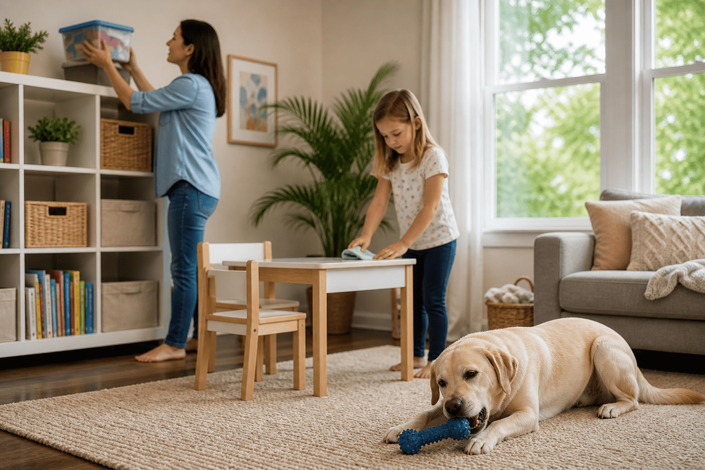 Family storing crayons safely while a Labrador chews an appropriate dog toy