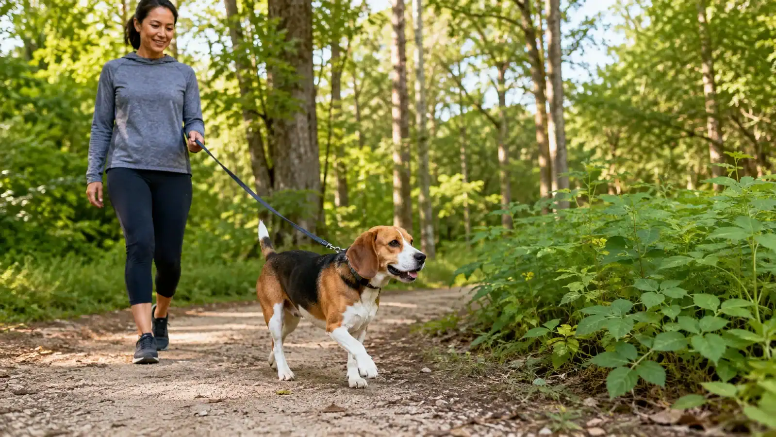 Beagle on leash staying on a trail beside poison ivy plants