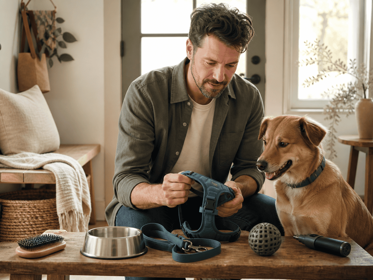 Dog beside an adult comparing a harness, grooming brush, bowl, enrichment toy, and nail grinder at home