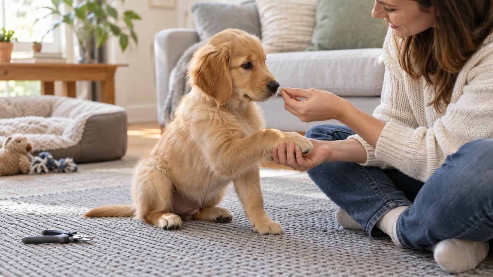 Puppy calmly offering a paw during treat-based handling practice