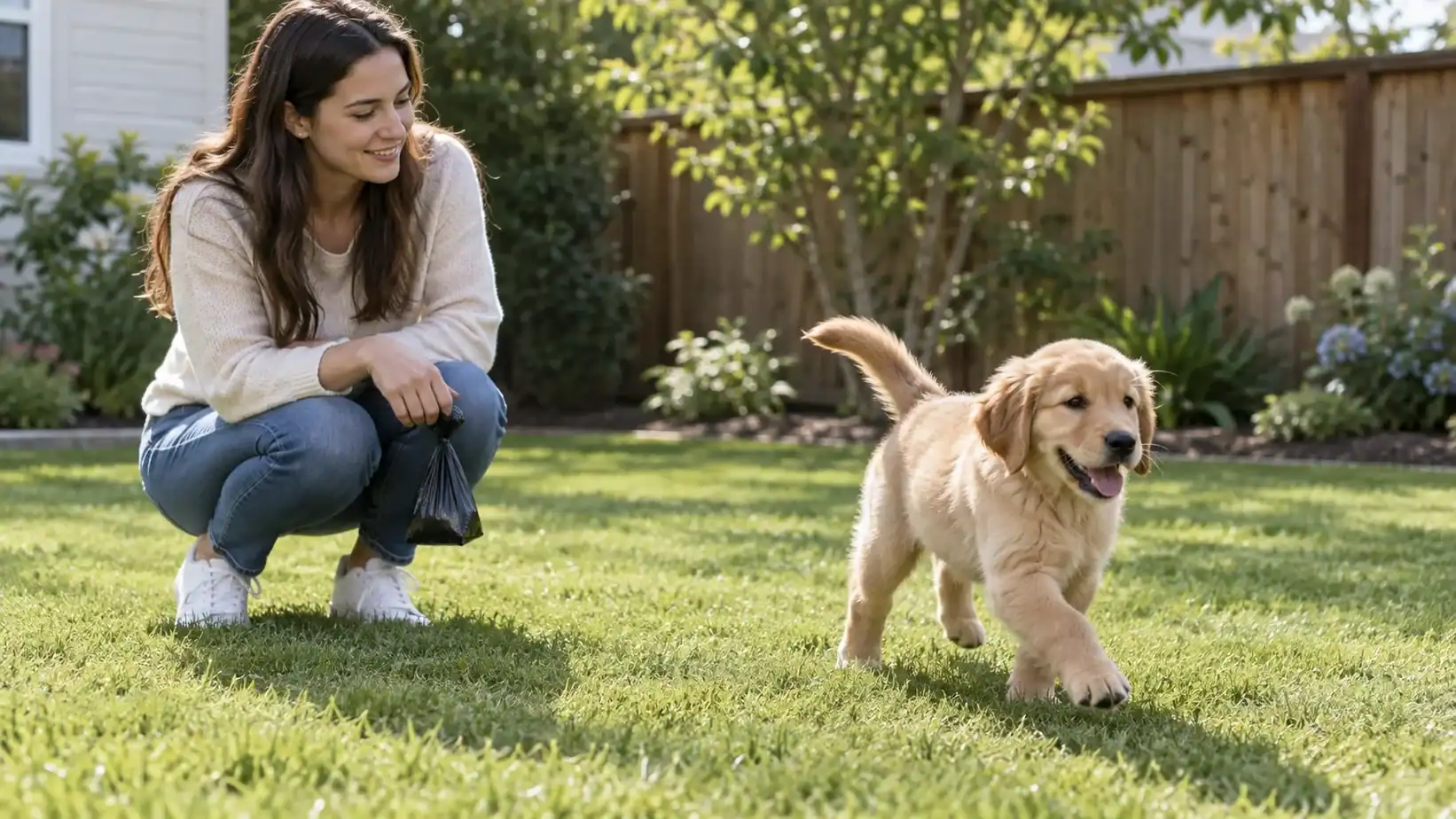 Owner watches a playful puppy in the backyard while holding a waste bag