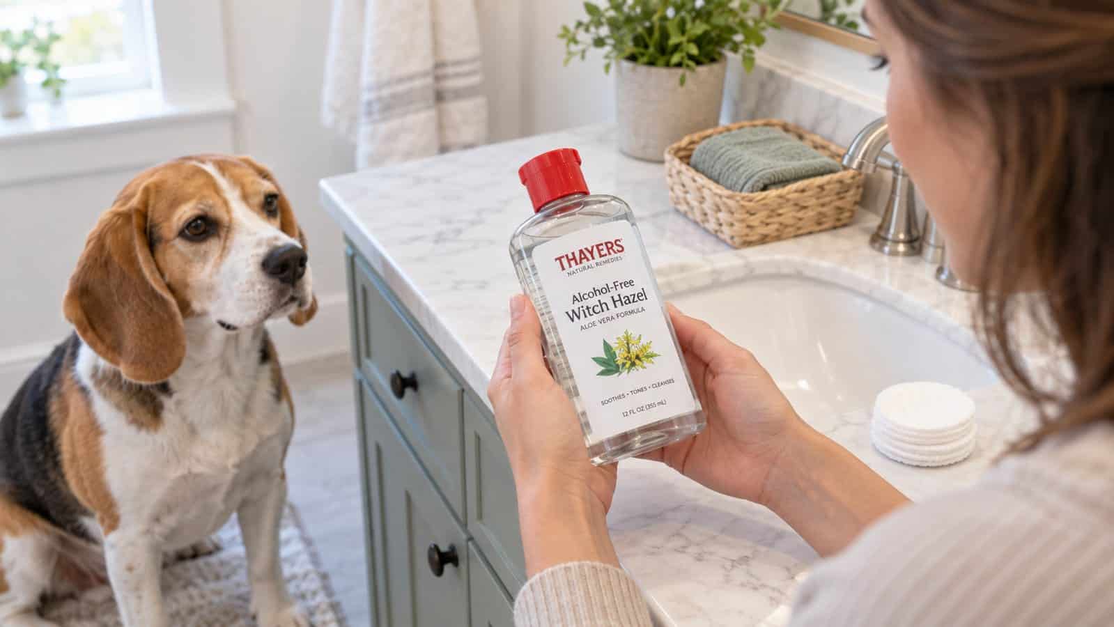 Dog owner reading an alcohol-free witch hazel product label beside a beagle