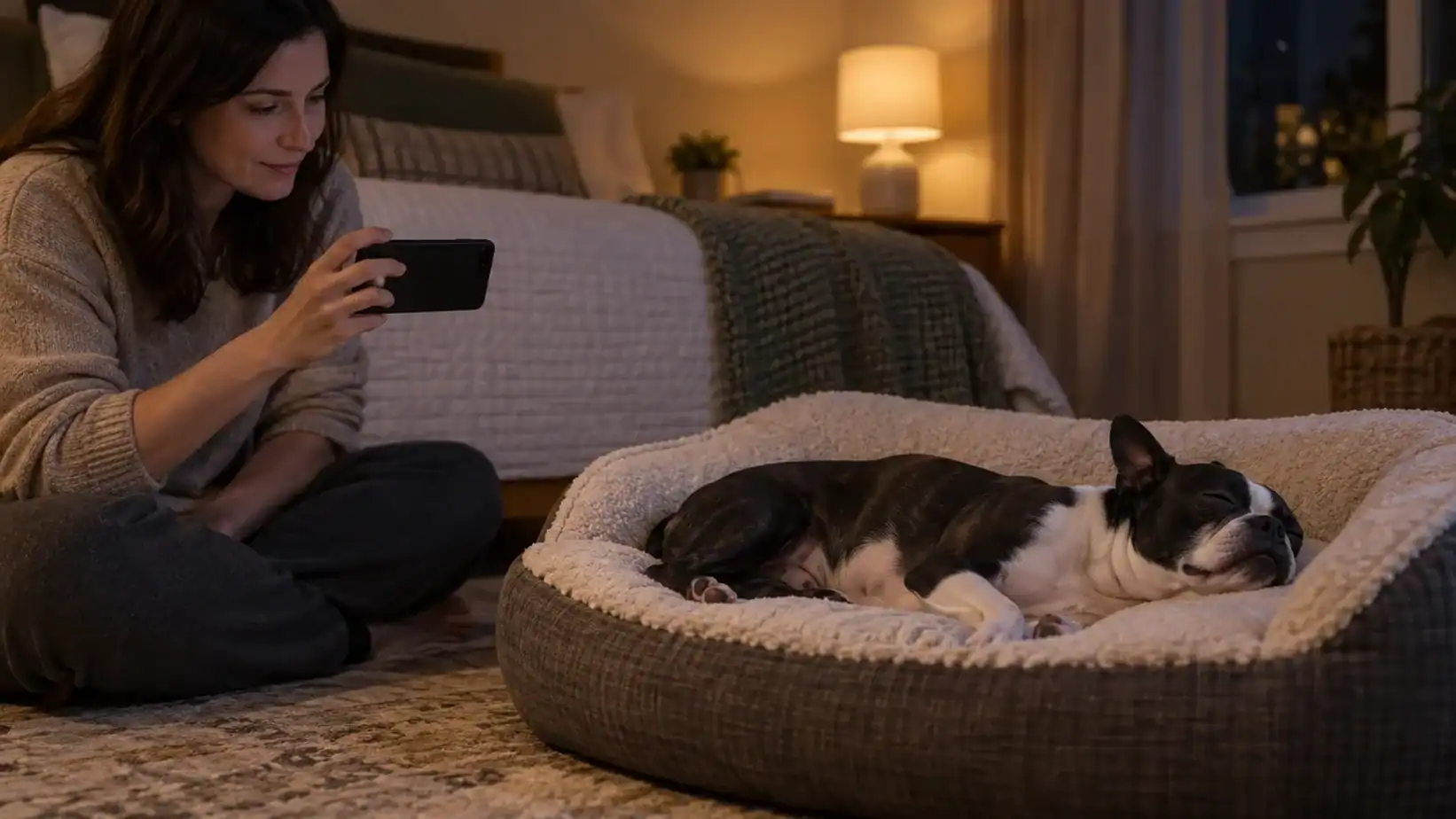 Dog owner recording a sleeping Boston Terrier’s breathing with a smartphone