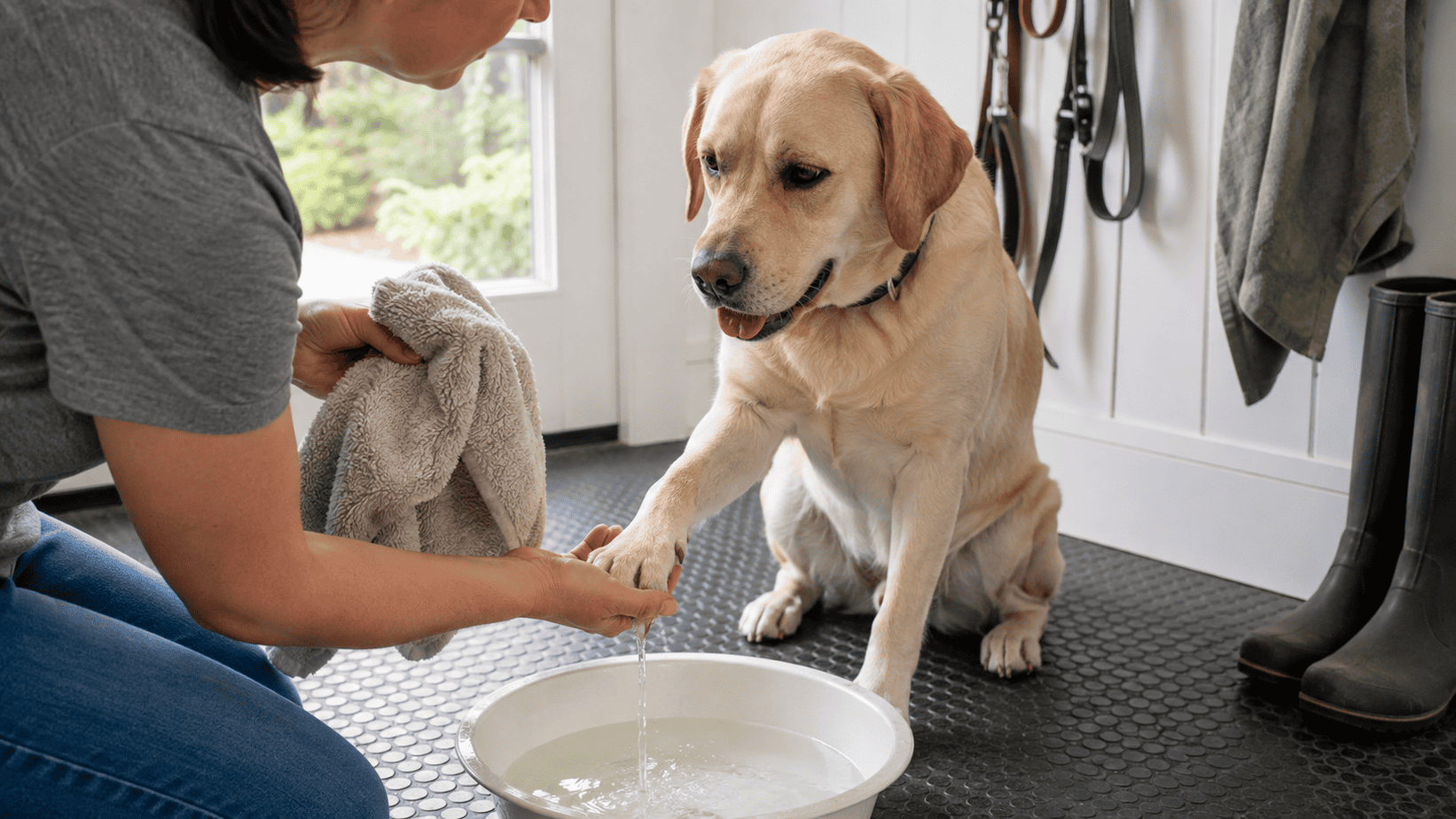 Owner rinsing a dog's paw with lukewarm water before drying it