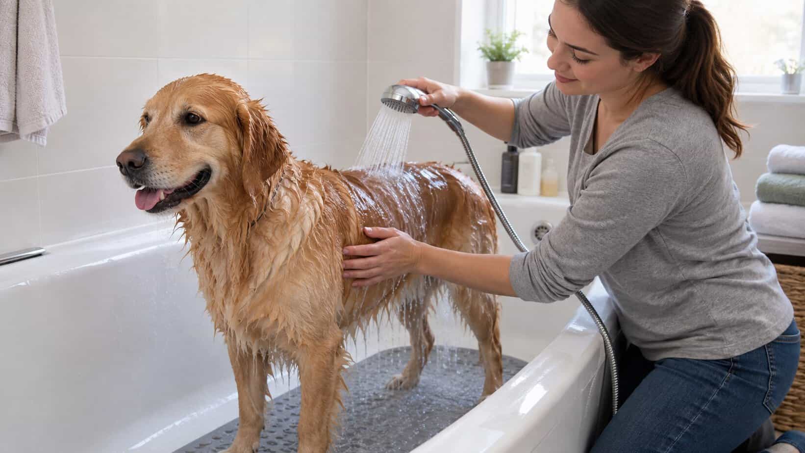 Owner rinsing a golden retriever thoroughly with lukewarm water in a bathtub