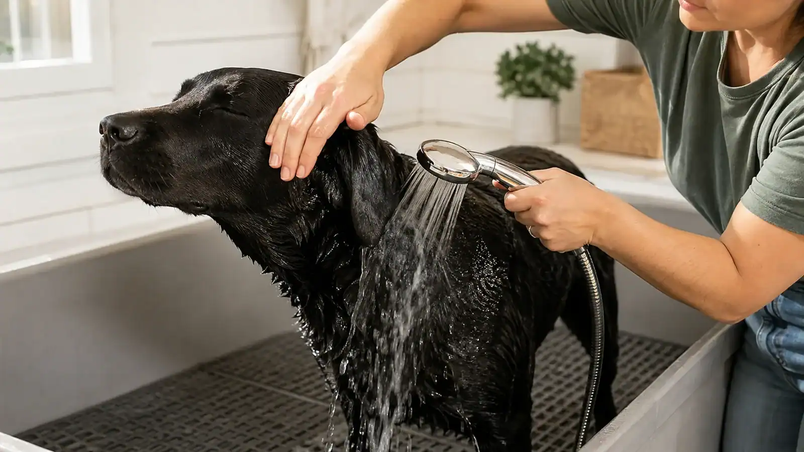 Owner rinsing a black Labrador thoroughly after shampoo exposure