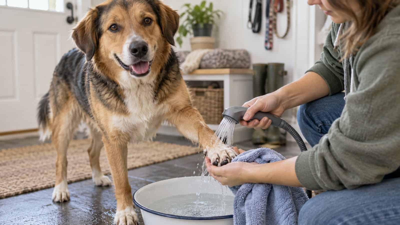 Dog owner rinsing and drying a healthy dog paw with plain water