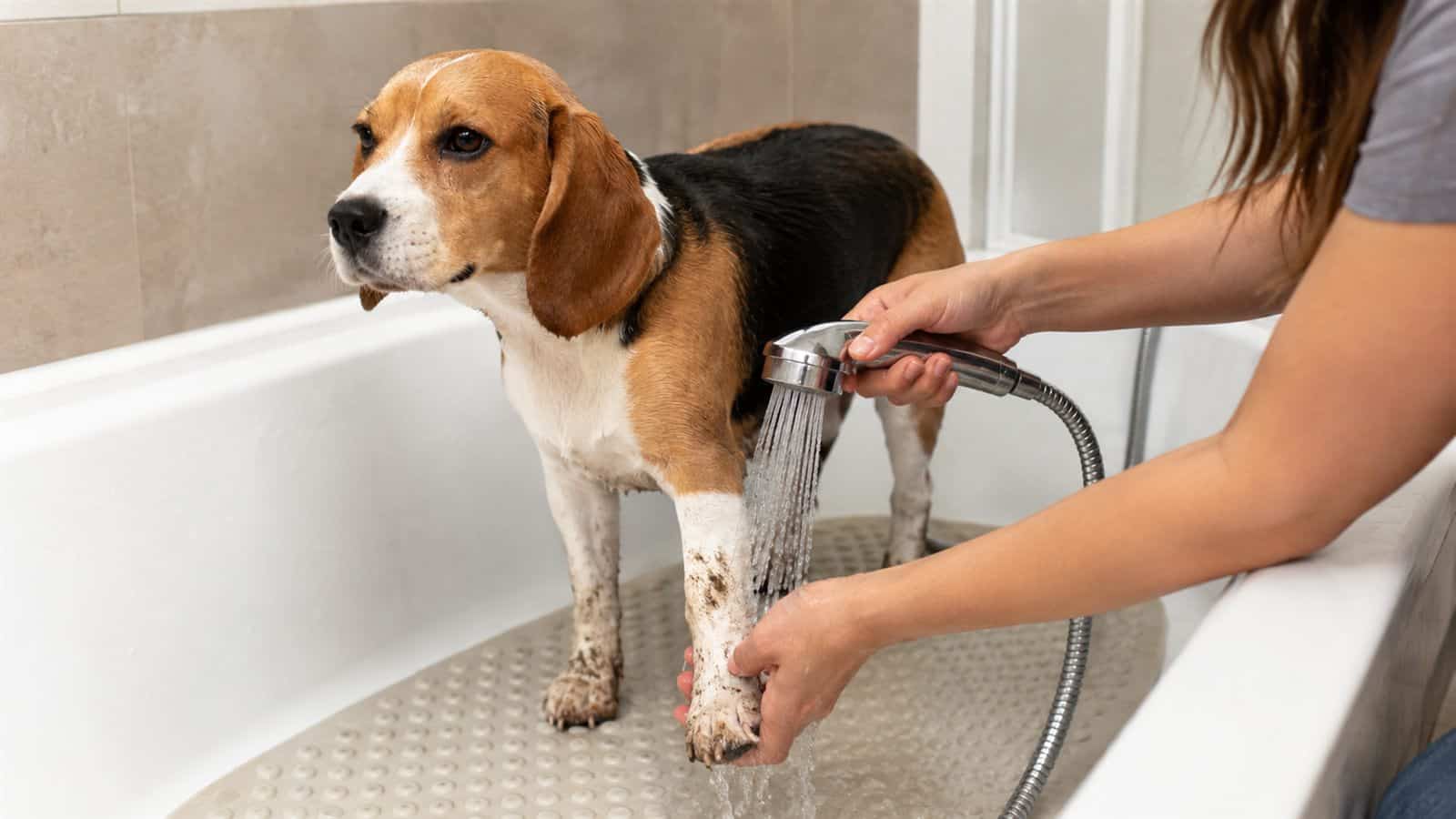 Owner rinsing muddy paws and lower legs of a Beagle
