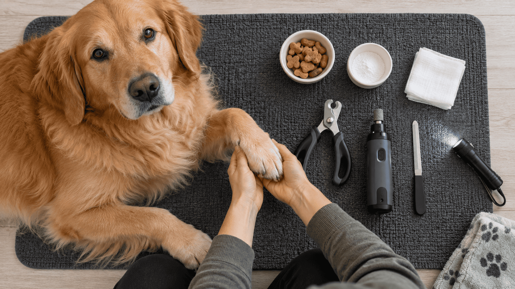 Safe setup for trimming a dog's black nails with clippers, grinder, treats, styptic powder, and a non-slip mat.