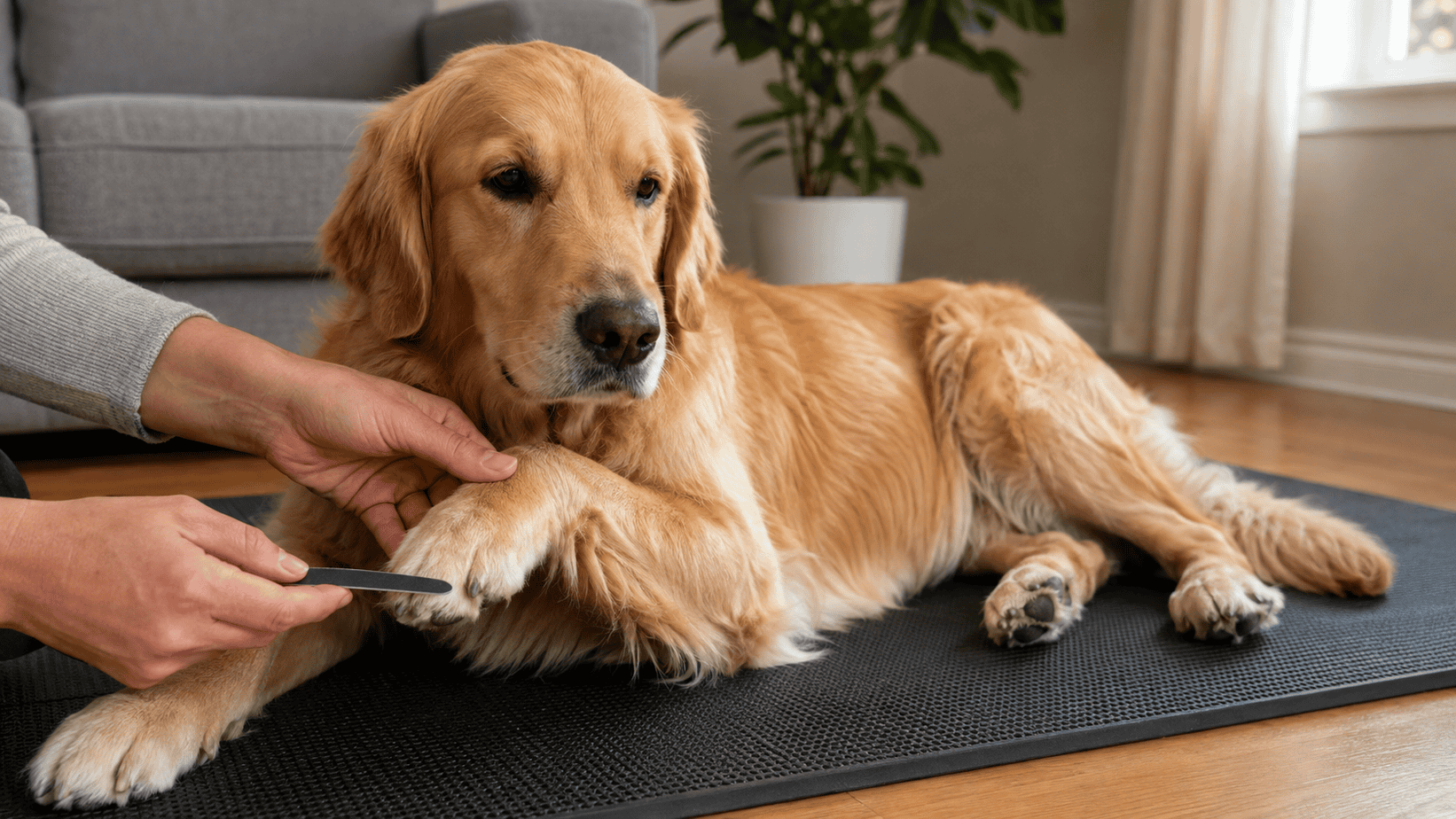 Owner gently filing the tip of a calm dog’s toenail at home