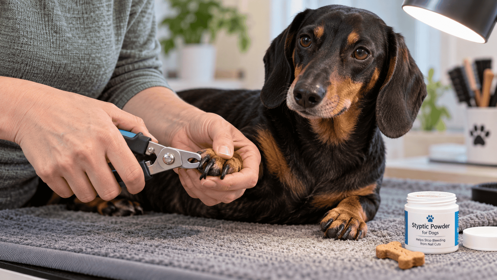 Calm dachshund having a dark nail trimmed in tiny increments under a bright task light