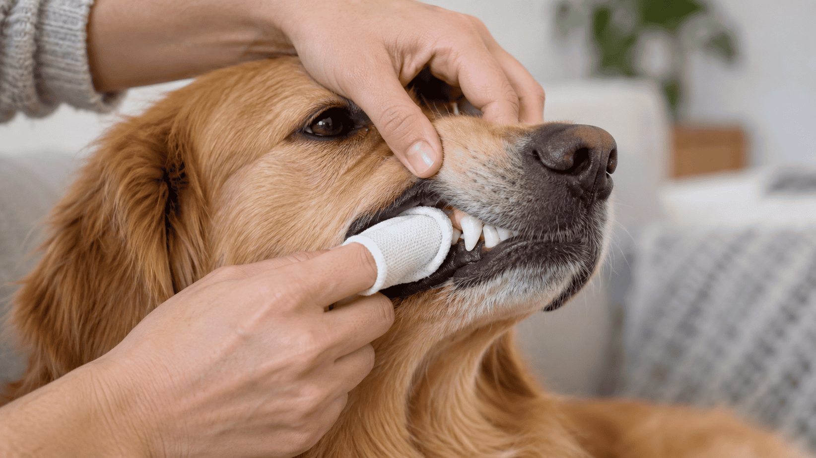 Owner gently lifts a dog's lip while using a secure finger dental wipe on the outer teeth