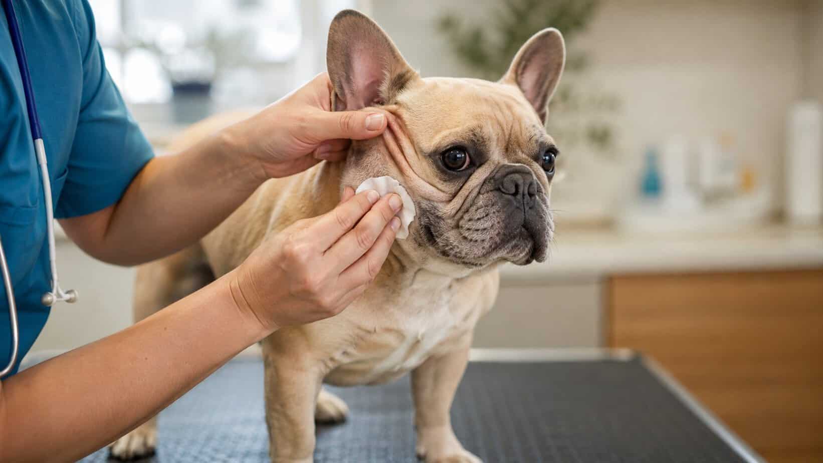 Veterinarian safely wiping the external facial fold of a calm French bulldog.