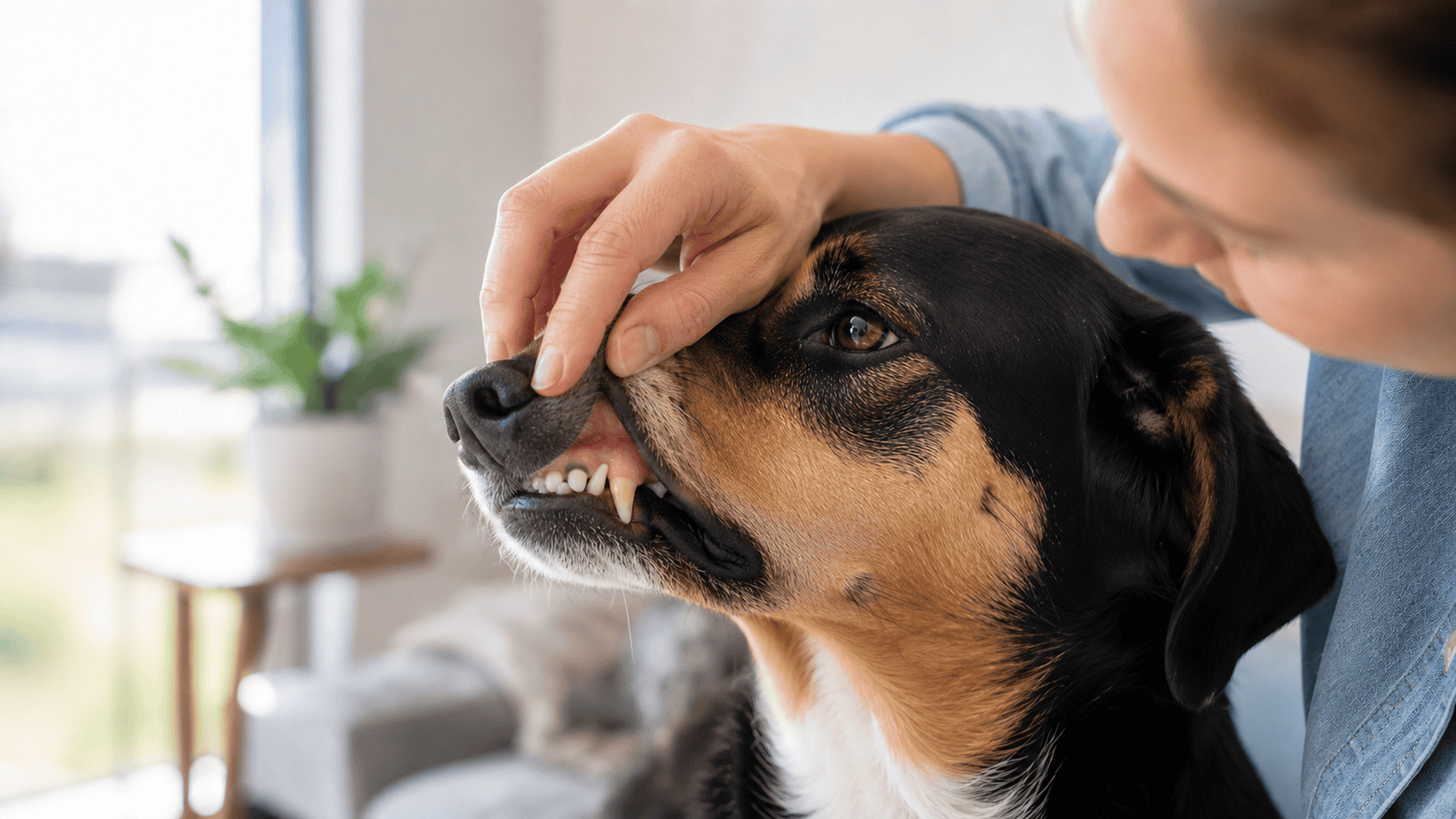 Owner gently lifts a dog’s upper lip to check the teeth and gums