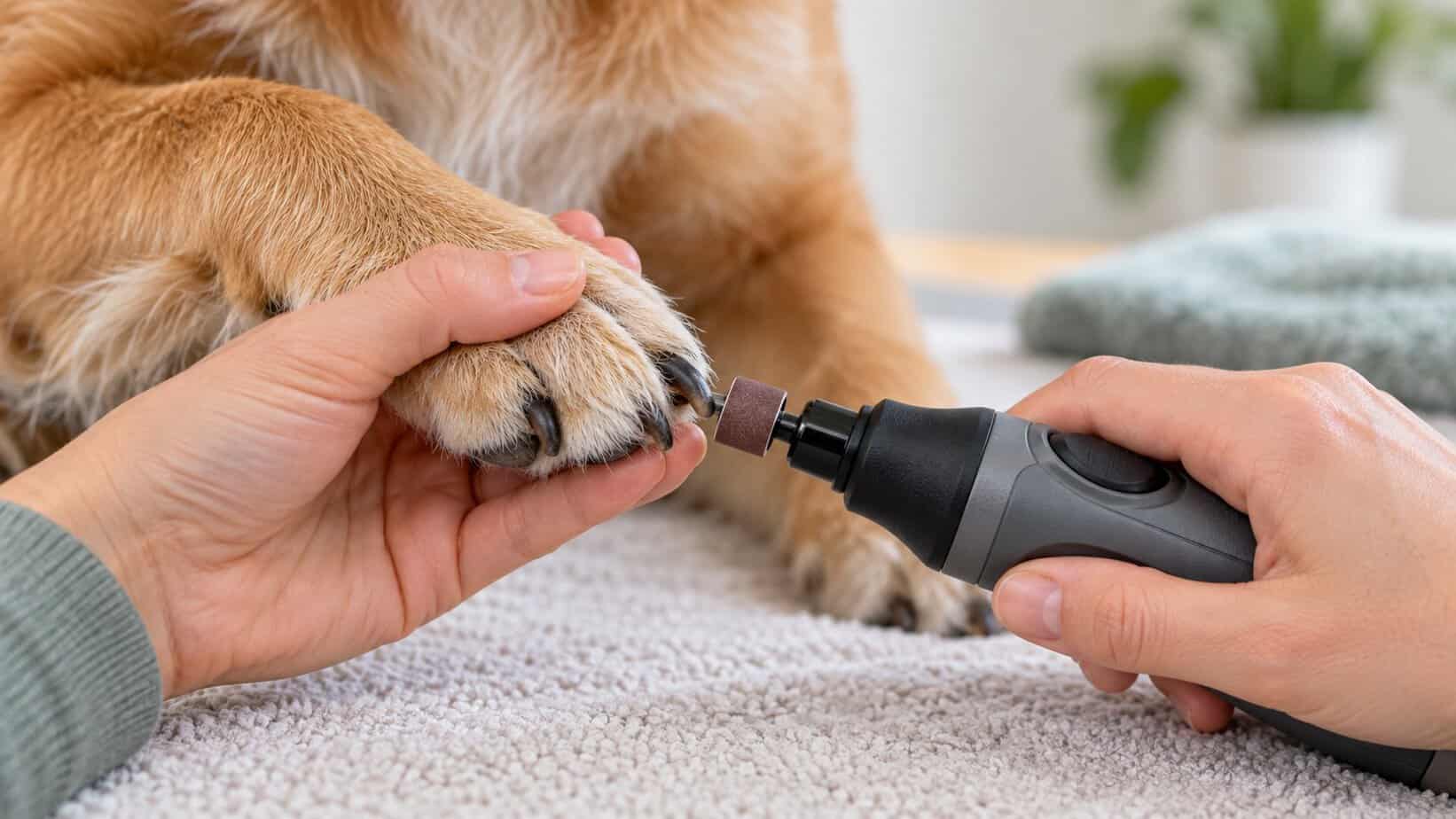 Handler safely using a nail grinder on a dog's front paw