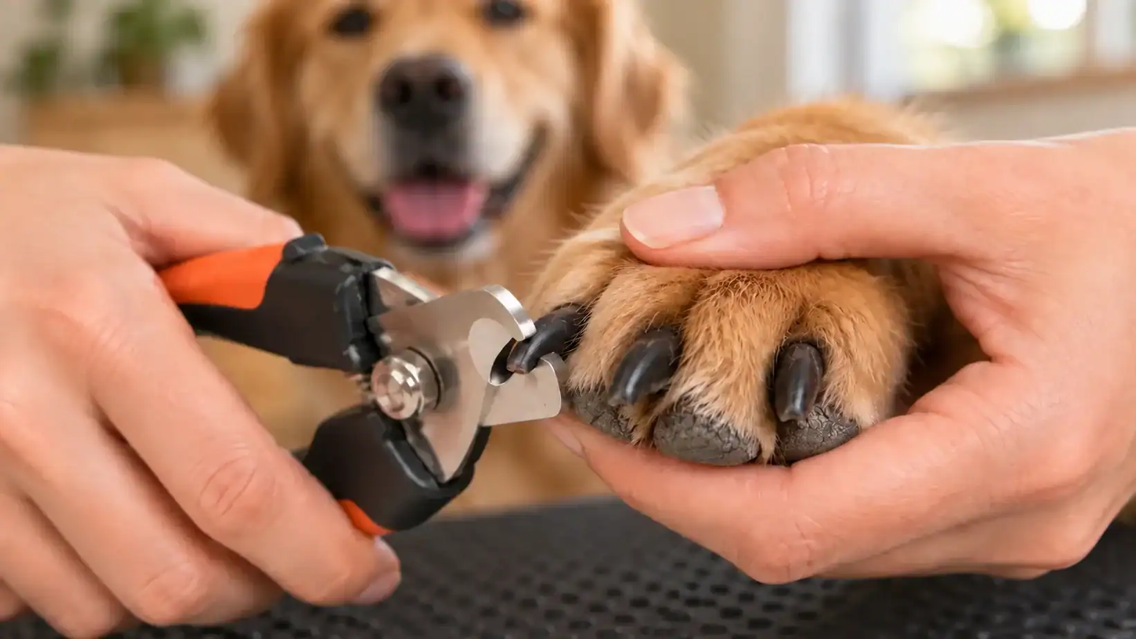 Plier-style dog nail clippers positioned safely across the tip of a dark nail